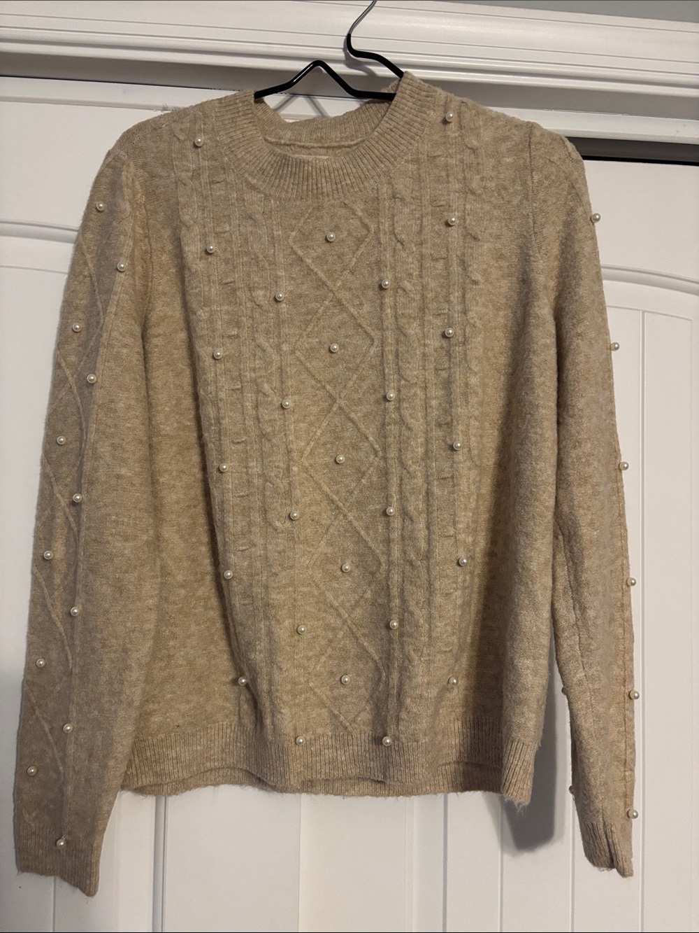 LOFT Beige Cable Knit Crewneck Sweater with Pearl Accents
